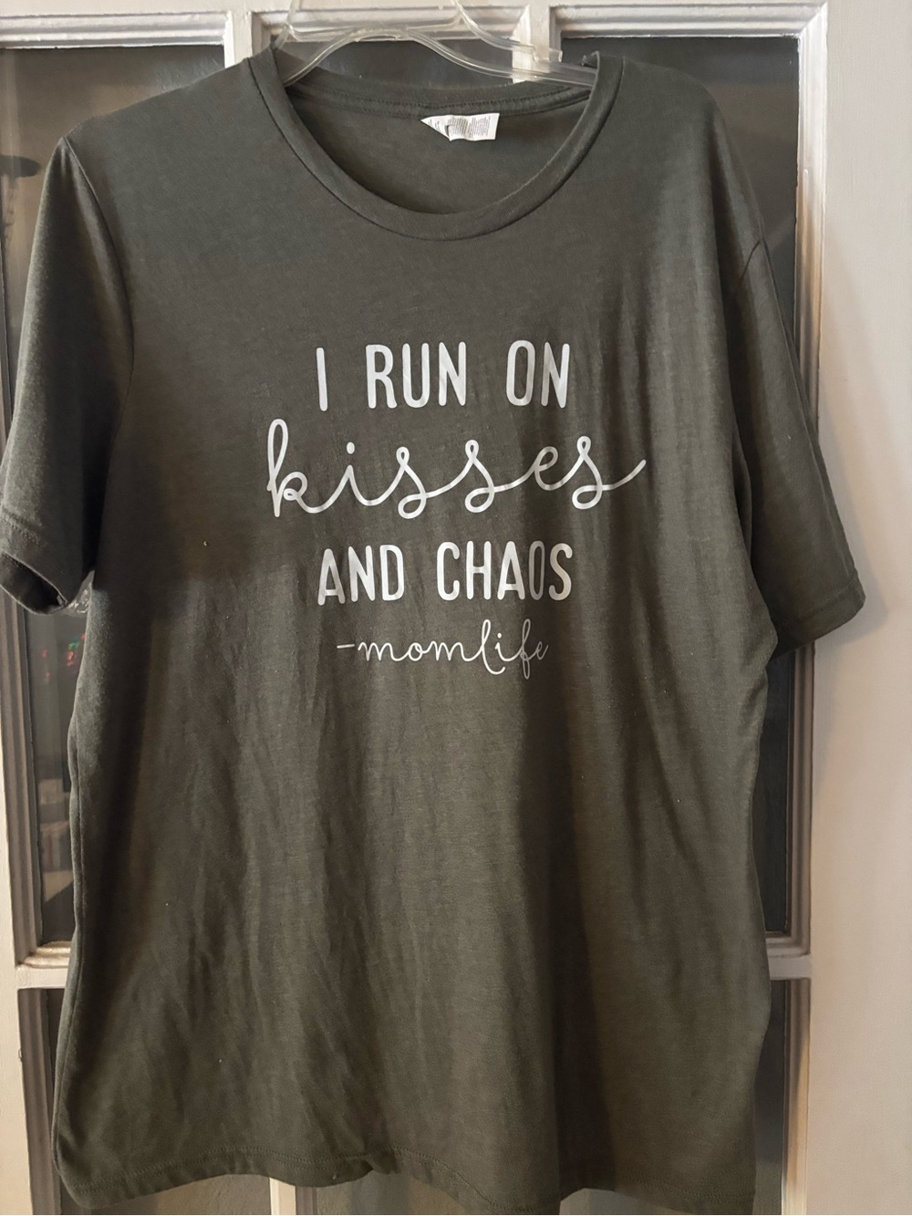 Source Unknown Olive Green Tee with White 'I Run On Kisses And Chaos' Print